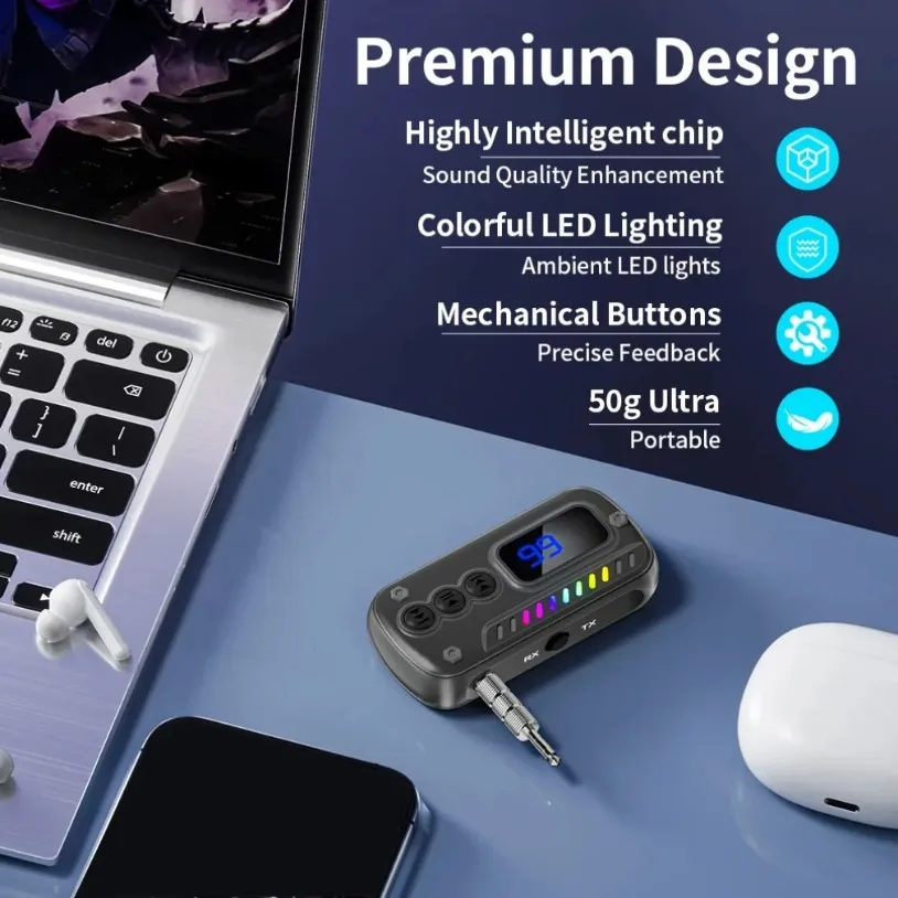 2 in 1 Bluetooth 5.3 Wireless Audio Receiver Transmitter Adapter 3.5mm AUX Jack For Car Music Headphone Receiver Handsfree