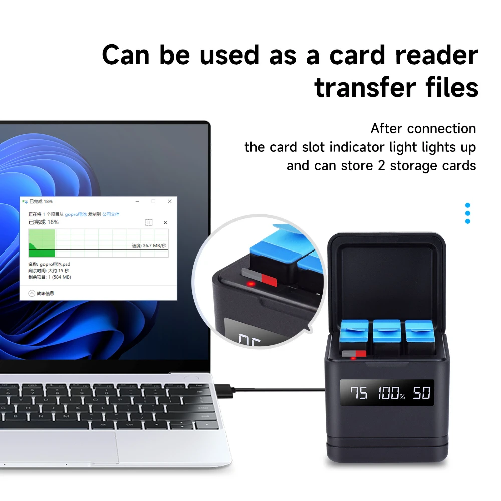 High-Capacity 2000mAh Battery with LCD Display 3-Slot Charger & Type-C Port