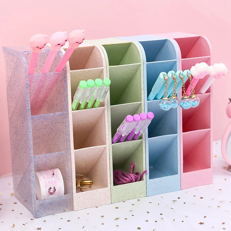 New Desktop Storage Bin Kawaii Color 4 Gird Desktop Organizer Pen Holder Desk Makeups Pencil Storage Box School Stationery