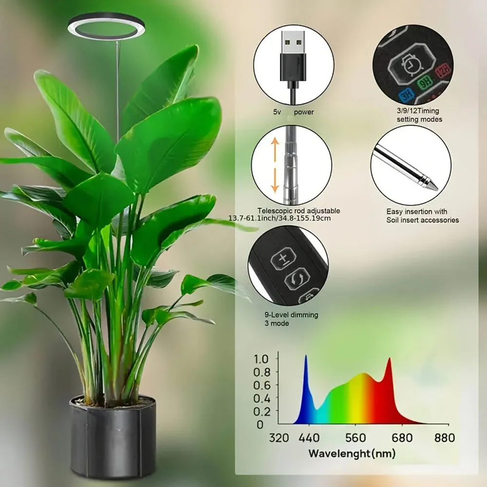 165cm Height Adjustable LED Ring Grow Lights Indoor Plants Full Spectrum Large Plant Light For Indoor Plants USB Growing Lamp led grow light