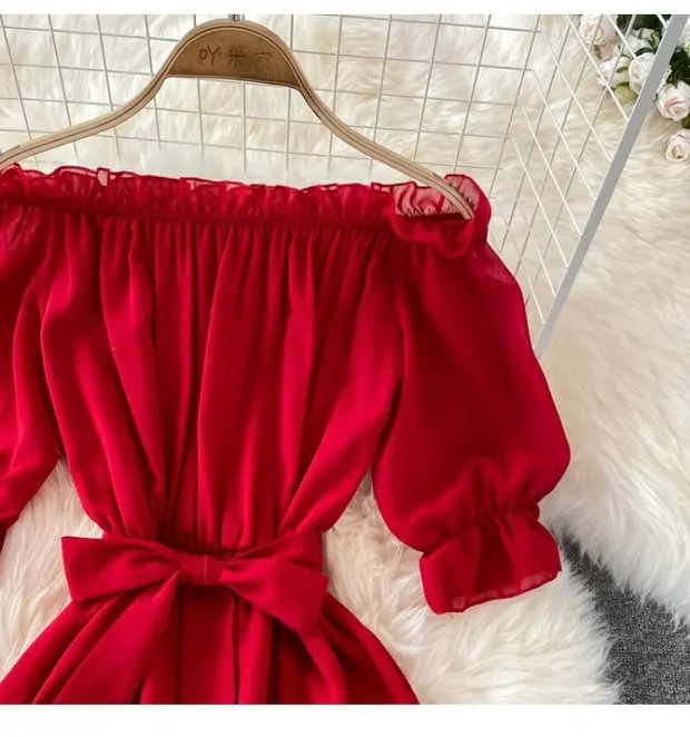 Beach Dress Women Sexy Off The Shoulder Slash Beach Chiffon Dresses Ladies Elegant A Line Bandage Party Dress Long Robe