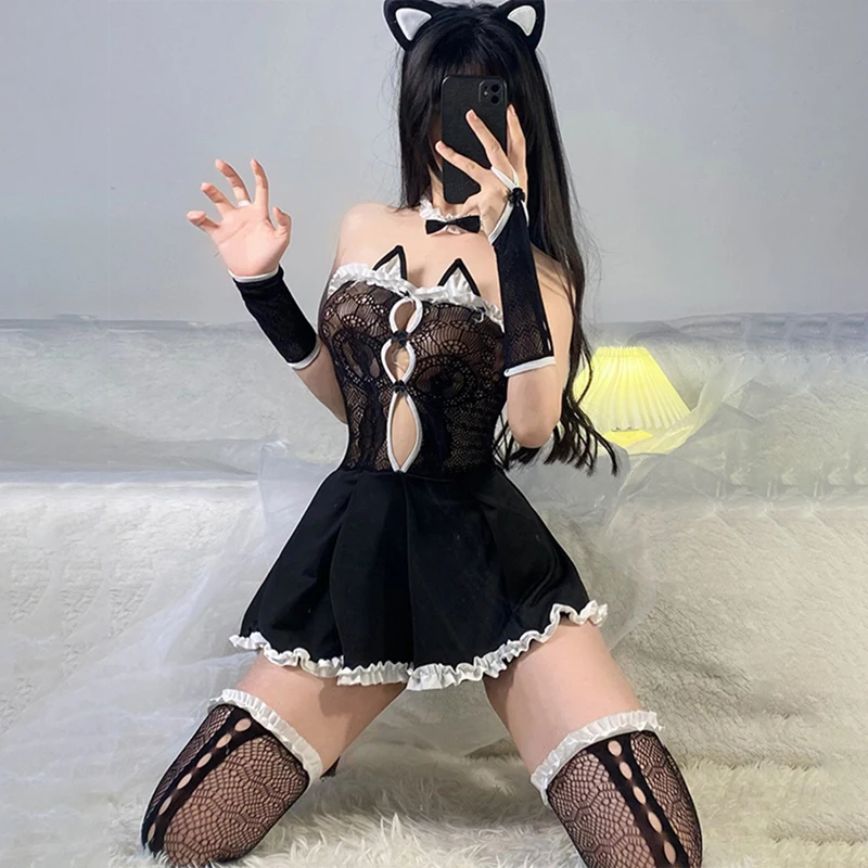 Sexy Lingerie Catwoman Nightgown Uniform With Lace Strapless See-through Mesh Patchwork Set