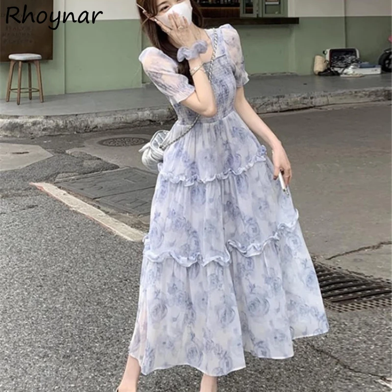 

Midi Dress Women Short Sleeve Ruffles Floral Print Princess Vintage Summer New Transparent Seductive Elegant Flattering Waist