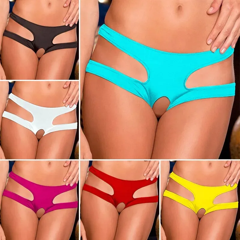 Ladies Sexy Plus Size Fitted Lingerie Open Crotch Boxer Briefs Solid Colour Cut Out Panties