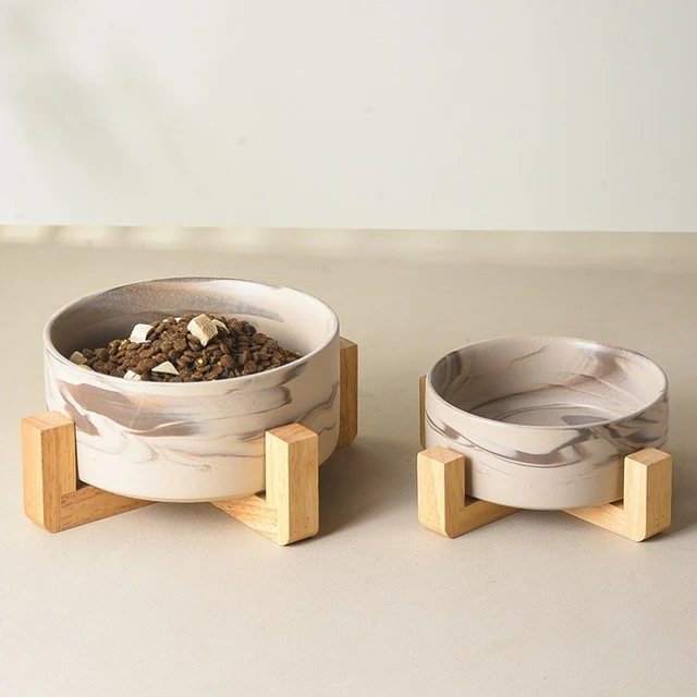 Marbling Ceramic Cat and Dog Bowl Medium Large Dog Feeding and Feeding Double Bowl with Wooden Rack Pet Puppy Accessories 4