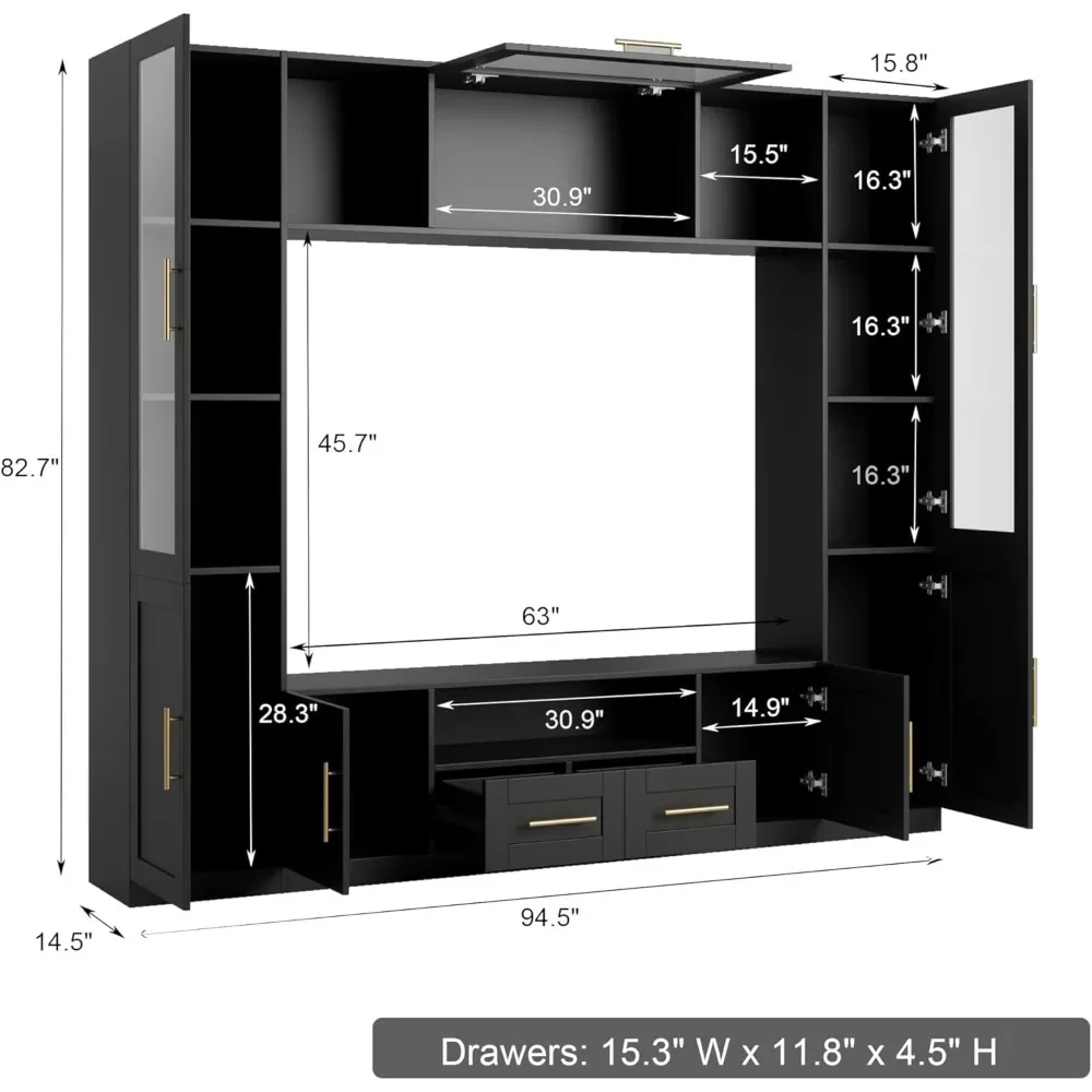Entertainment Wall Unit, Multifunctional TV Stand with Tempered Glass Door, Up-Flip Door & Shelves, Large Console Storage 3