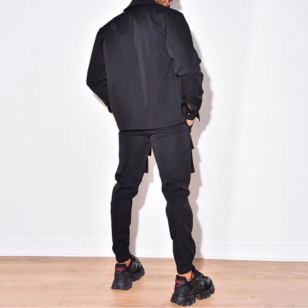 Fashionable New Spring and Autumn Men's Button Long Sleeved Jacket+Workwear Long Pants Set, Casual Jogging, Party Two-piece Set 2