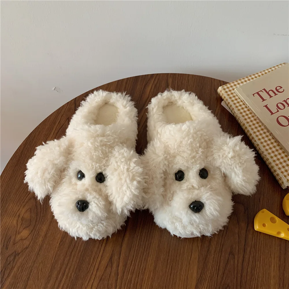 

2022 Cute Cartoon Slippers for Women Faux Fur Animal Dog Winter Warm Slippers Plush Home Fluffy Slides House Floor Shoes
