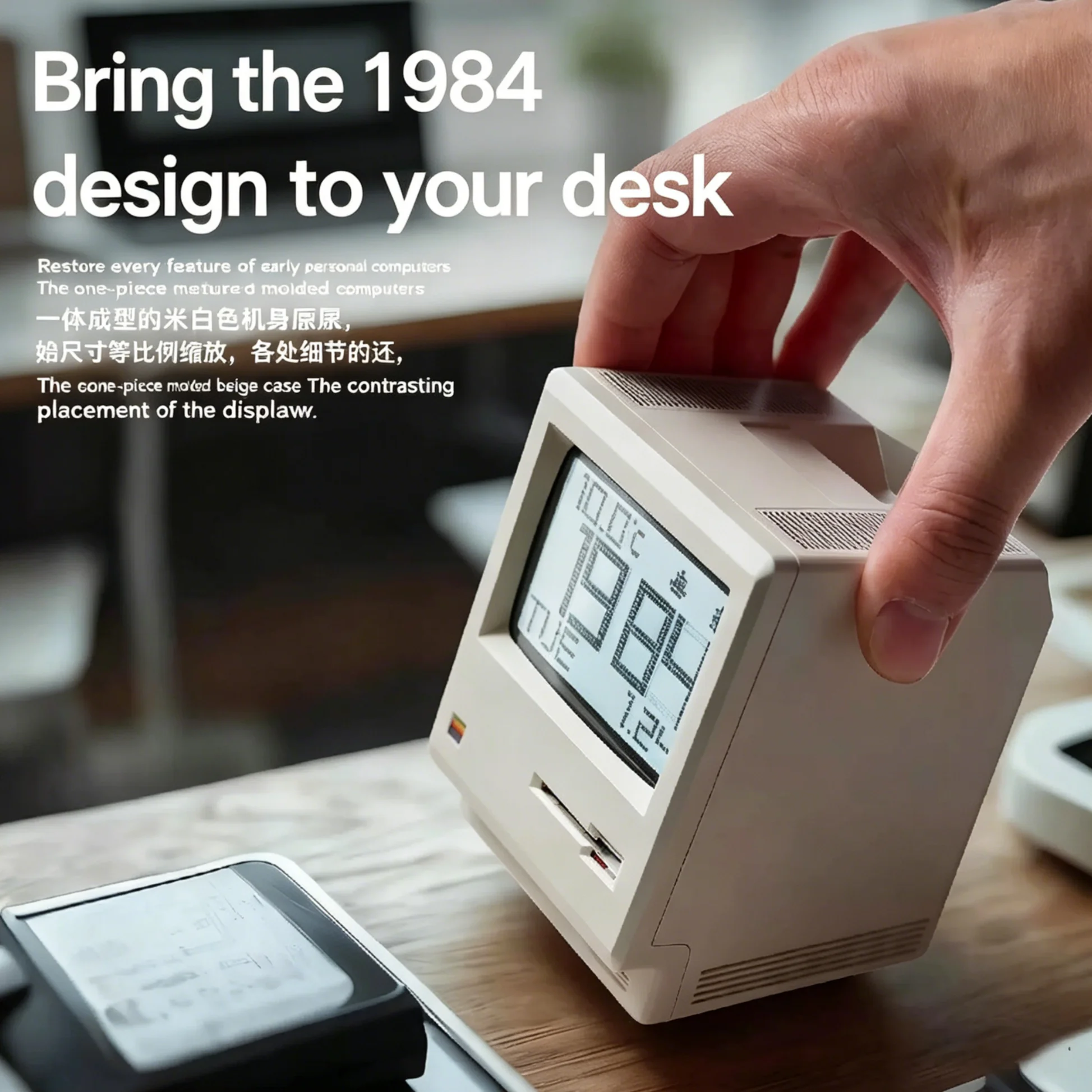 1984년 레트로 컴퓨터 모양의 책상 장식품, 날짜, 온도, 달력 및 조절 가능한 백라이트가 있는 다기능 알람 시계