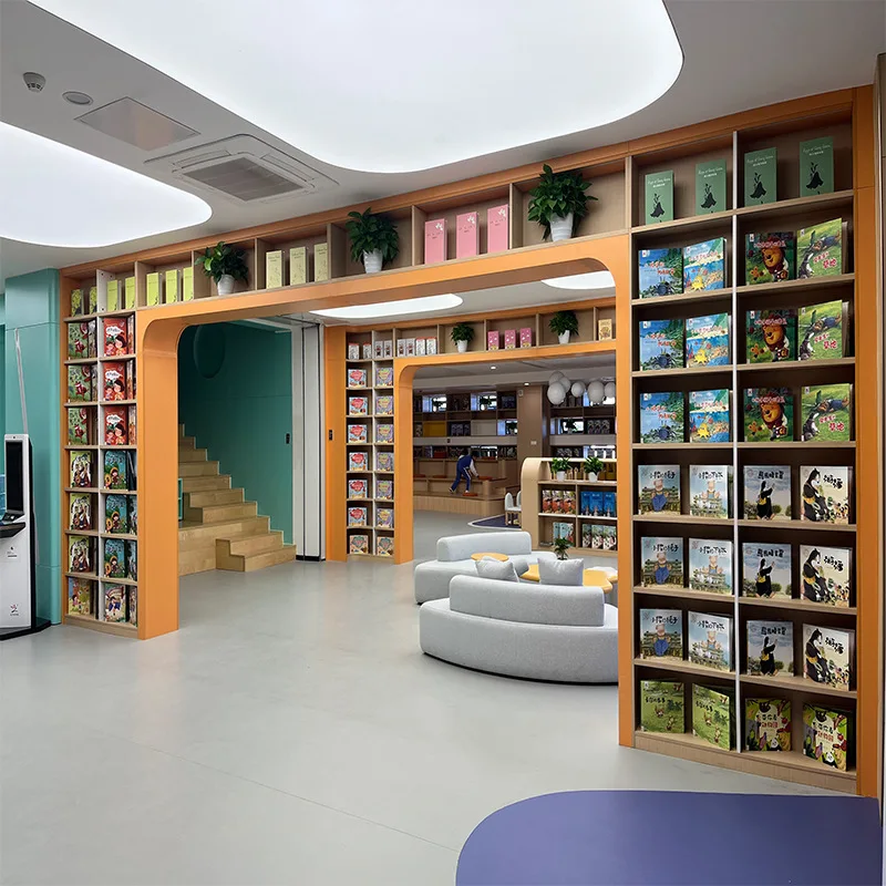 Libro del distretto commerciale Città in legno massello Grande arco quadrato Scaffale dal pavimento al soffitto, area di lettura della biblioteca Creativo Premium Boo - immagine 2