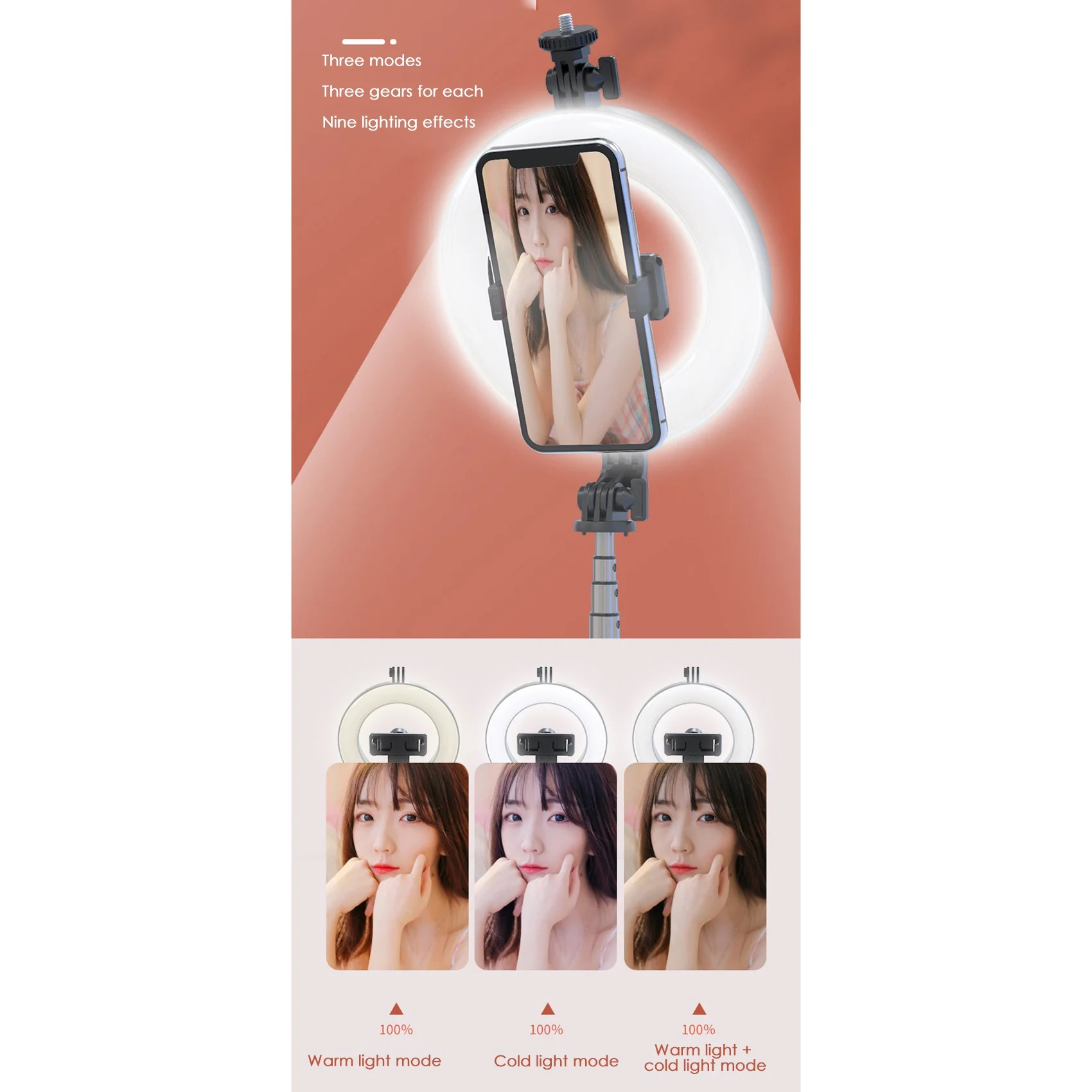 링 라이트 삼각대 스탠드 확장형 셀카봉, 브이로그 및 스마트폰용 분리형 리모컨, 6 인치