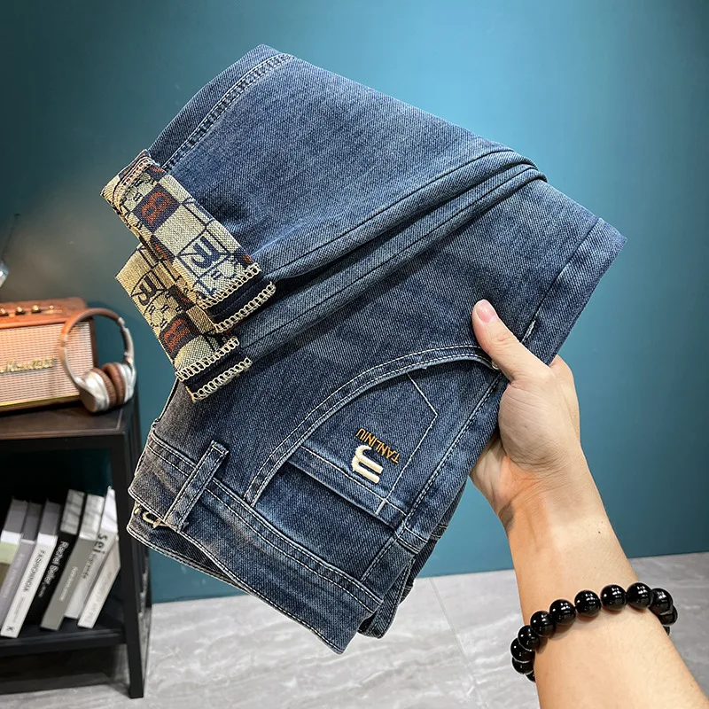 2024 Spring/Summer New trendy printed slim fit MEN'S jeans fashion versatile casual loose elastic straight fit cotton denim pant