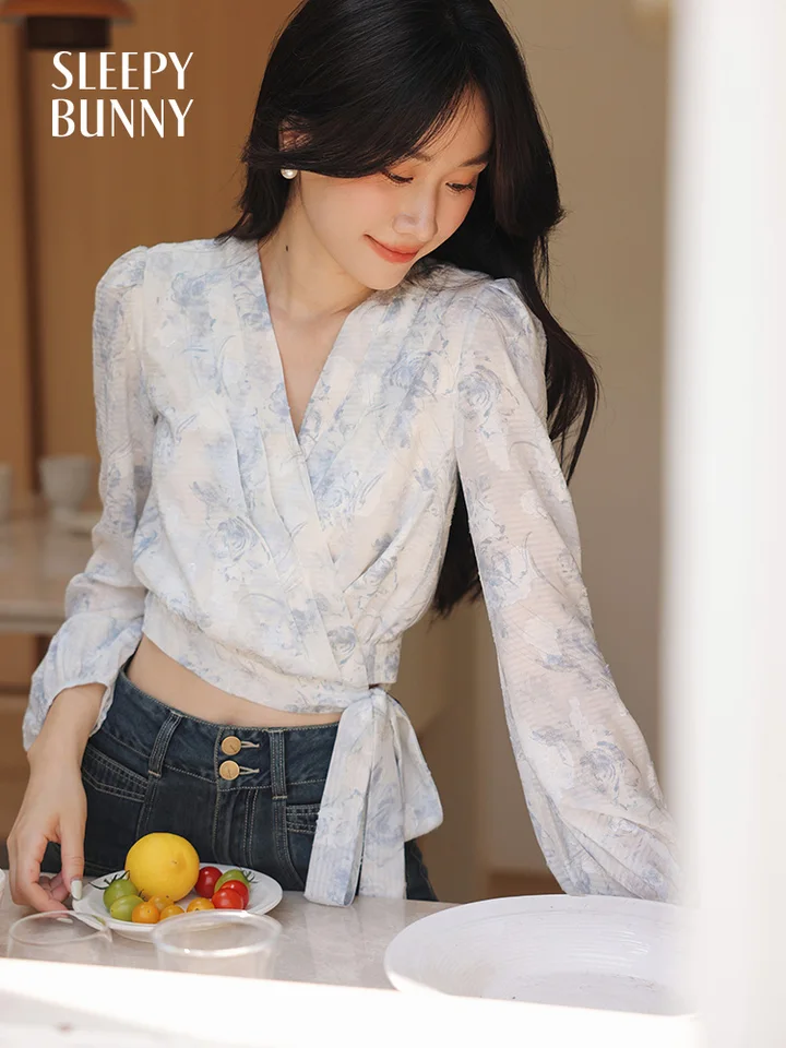 Ink Wash Wrap Blouse Women Summer Chiffon Puff Sleeve Top Elegant