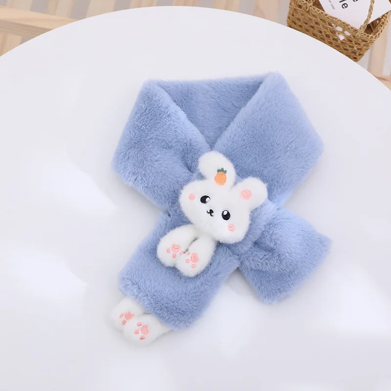Korean Boys Girls Winter Thick Plush Cross Children\'s Scarf Baby Bib Cute Cartoon Rabbit Faux Fur Neck Protection Warm Shawl V49