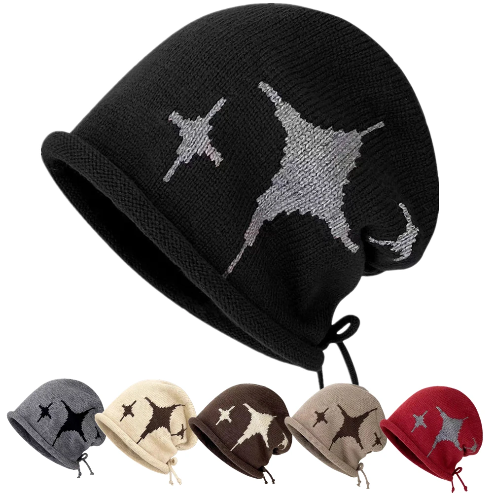 Hot Sale Woman Loose Beanie Hat Casual Drawstring Design Pile Hat Female Streetwear Fashion Winter Knitted Hat