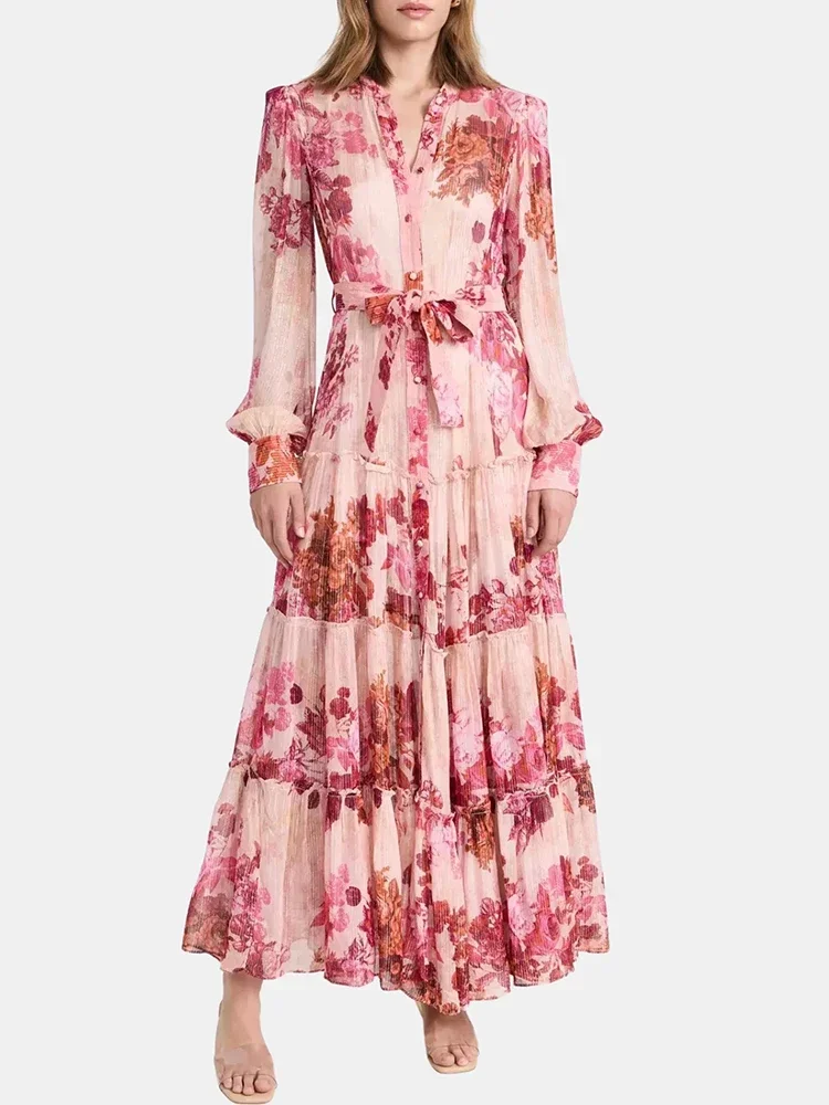 Patchwork Lace Up Printing Vintage Dresses For Women Round Neck Long Sleeve High Waist Spliced Button Elegant Dress Female dress