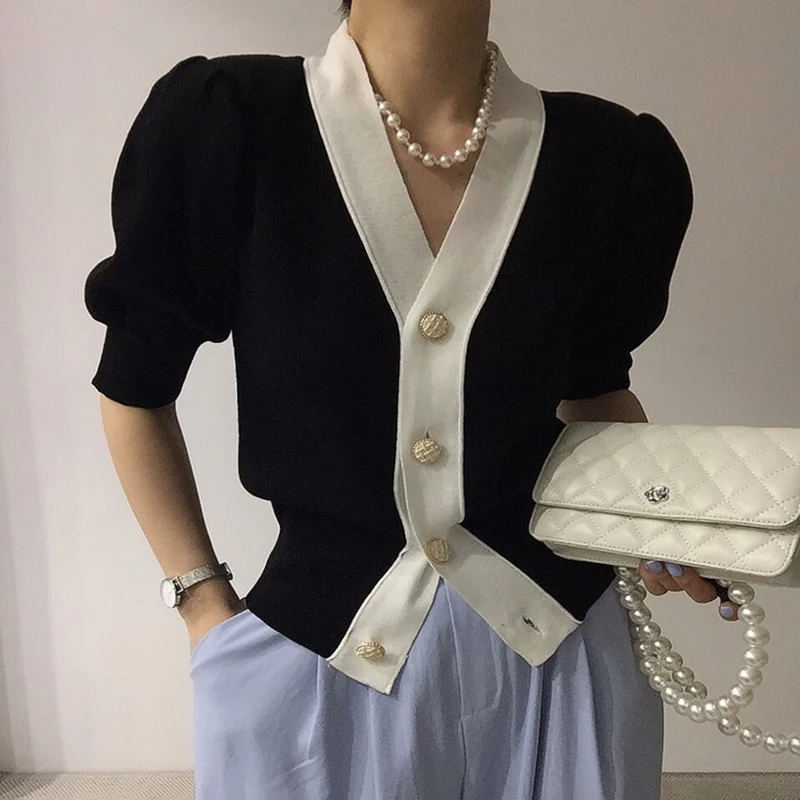 

Korean Fashion Clothes Knitted Cardigan T Shirt Women Thin Short Sleeve Tshirts Female Summer V Neck Tops Pink Tee Shirt Femme