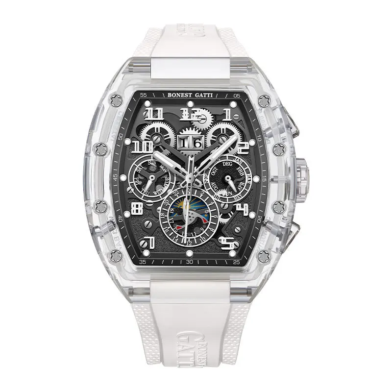 BONEST GATTI Watch men's wine barrel shaped multifunctional three eye acrylic transparent shell mechanical watch