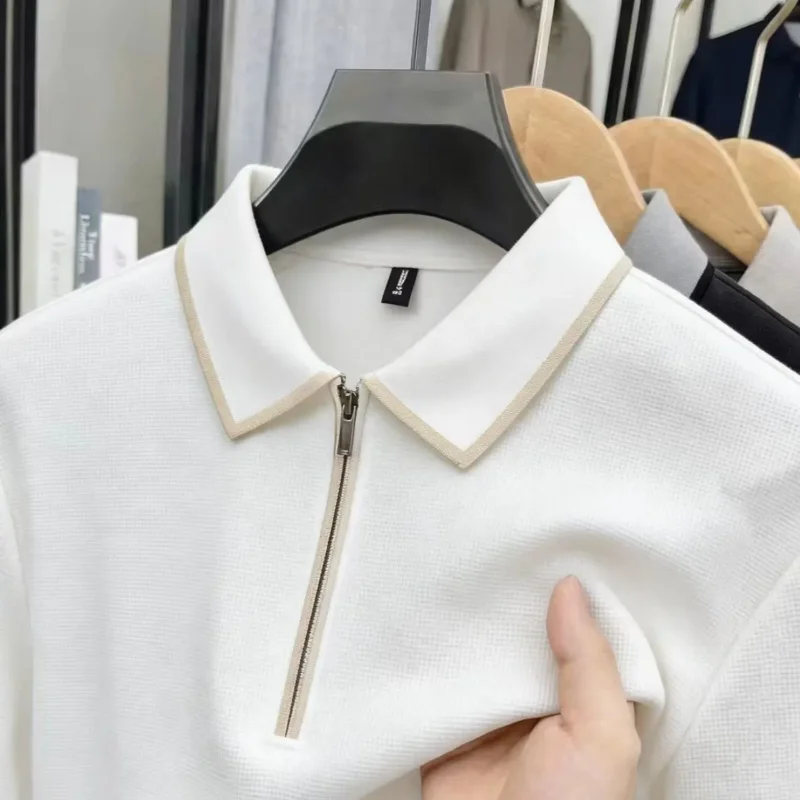 Polo in Maglia da Uomo a Maniche Corte con Mezza Zip e Bordi a Contrasto, T-Shirt Casual Business - immagine 5