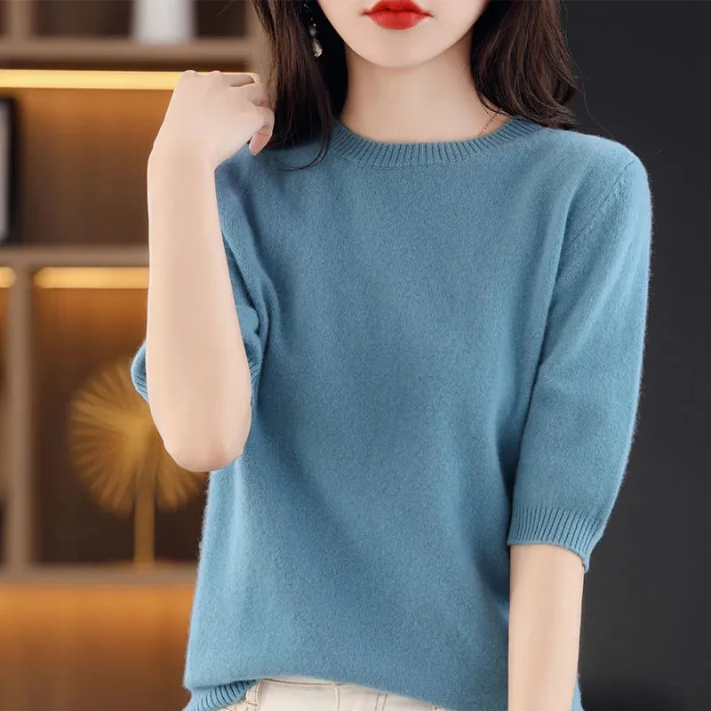 

Женский классический вязаный свитер с полурукавами и круглым вырезом, однотонный универсальный короткий вязаный Топ, Повседневный пуловер, Свободная трикотажная одежда