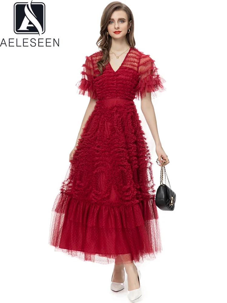 

AELESEEN Luxury Summer Long Prom Designer Fashion V-Neck Flare 3D Ruffles Edible Tree Fungus Elegant Gauze Party Ball Gown