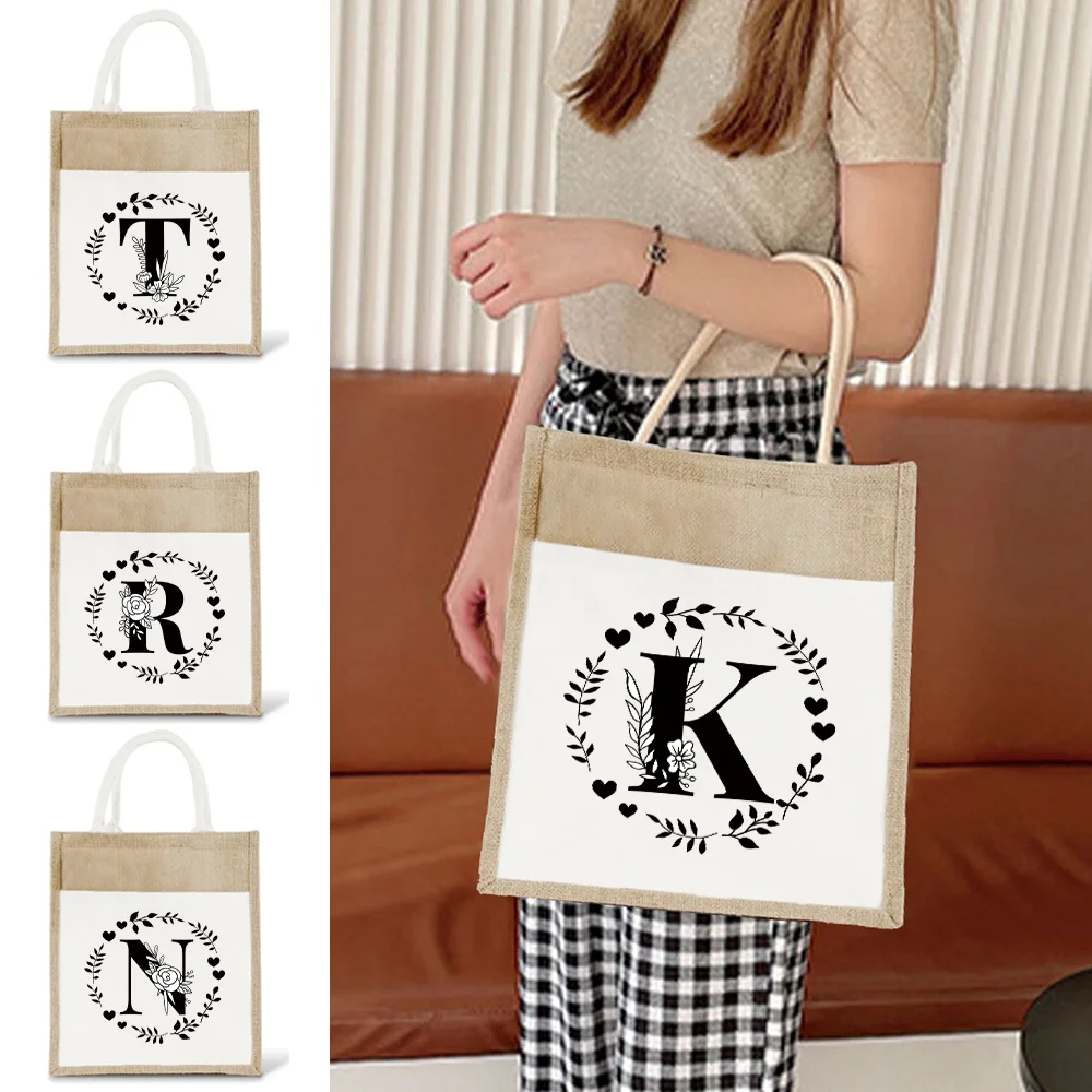 

New Outdoor Travel Linen Shoulder Bag Garland Letter Printing Pattern Yellow Linen Imitation Hemp Bag Women's Shopping Bag