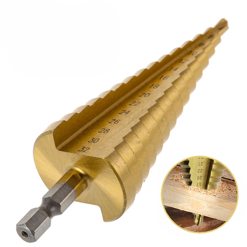

4-32mm Titanium Coated Metal Hex Core Drill Bits HSS High Speed Steel Step Drill Bit Set Cone Hole Wood Cutter Taper Metric