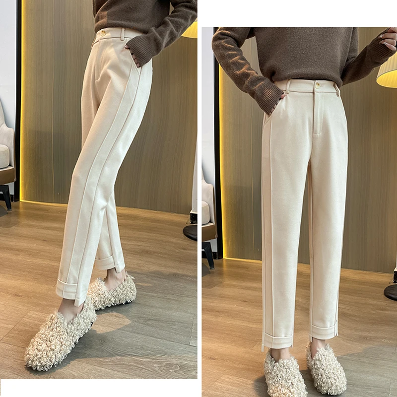 

Casual Loose Harem Pants Winter High Waist Solid Office Lady Trousers Autumn Warm Woolen Wide Leg Pants Women Pantalones 29469