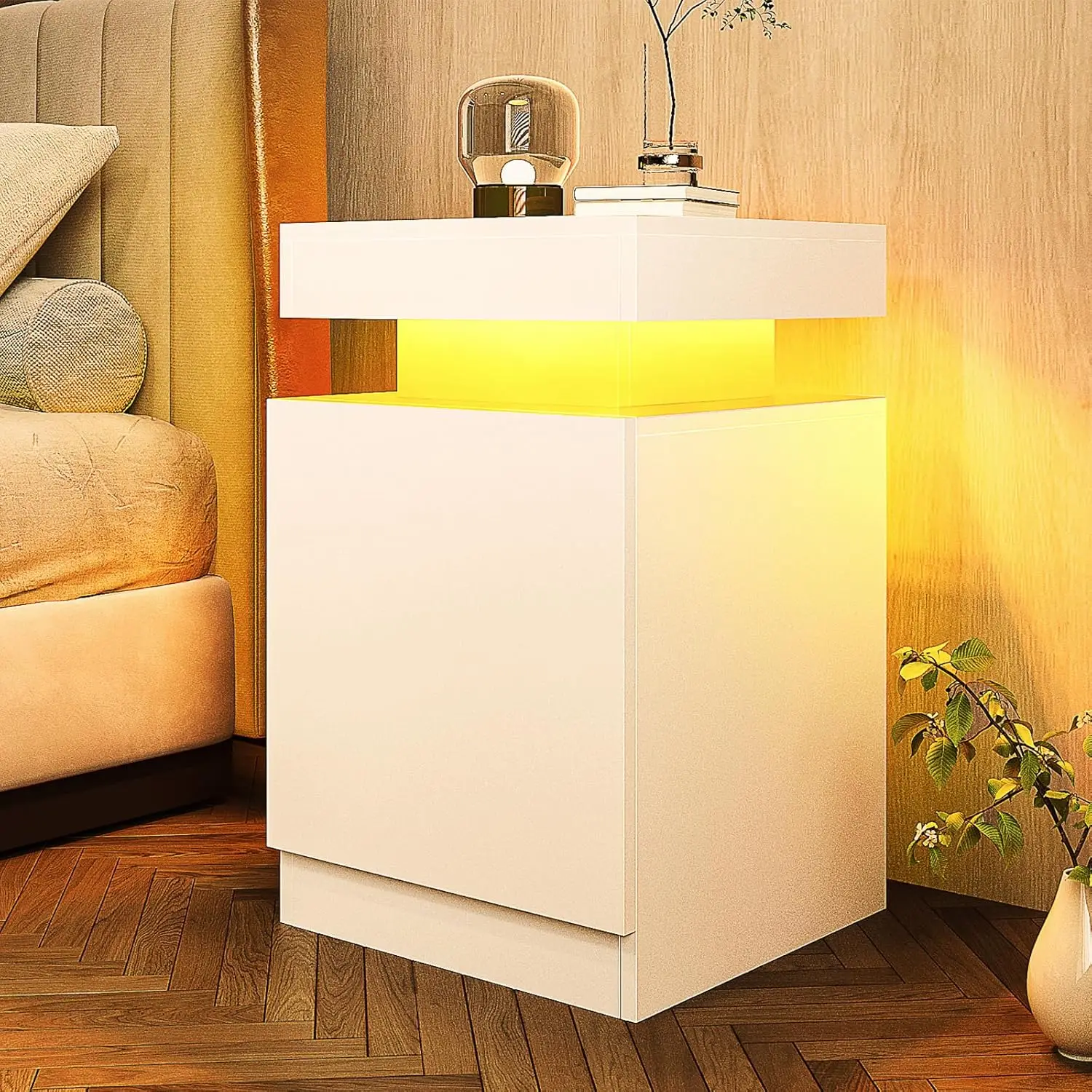 Nightstand Set of 2 with LED Lights, Night Stand with Storage Cabinet for Bedroom, Bedside Table with LED, White