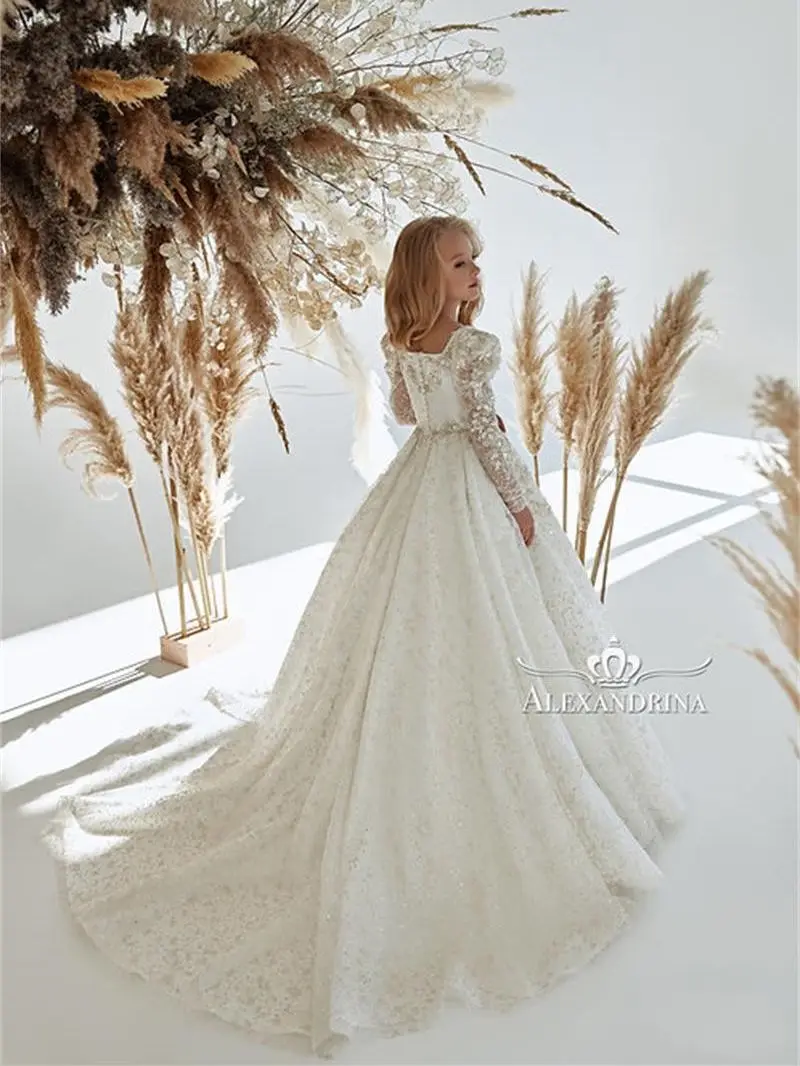 Elegant Ivory Square Collar Flower Girl Dresses A Line Appliques Beading Boho Kids Birthday Party Dress