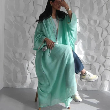 Middle Eastern Muslim Women Abayas Islamic Kaftans Casual Maxi Dresses Full Sleeve Arabian Jilbabs Open Front Abaya+Hajib 2pcs