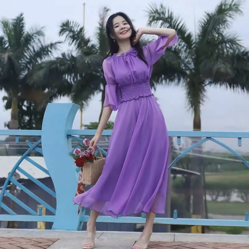 

Summer Women Vintage Casual Midi Dress Purple Half Sleeves Flare Sleeve High Waist A-Line Ruffle Party Streetwear Female Vestido