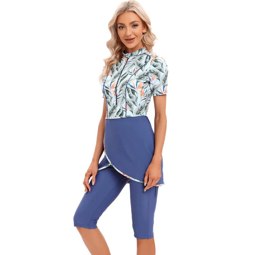 Women Modest Hijab Muslim Swimsuit Islamic swim wear Burkini With Swim Hat Sport Swimwear Ladies Short Sleeve Print Mode