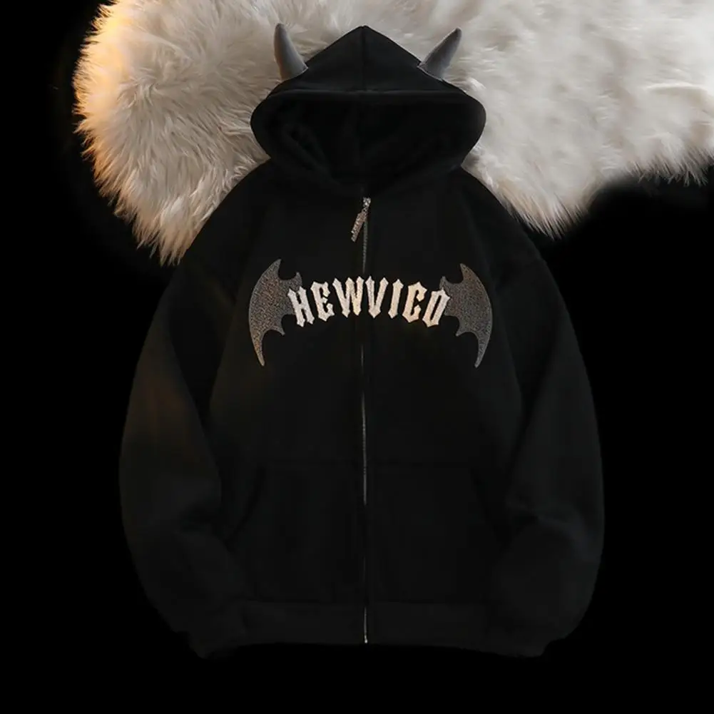 Description Picture 3 of itemZippered Hoodie Jacket Hoodie Thickened Plush Men's Hoodie with Horn Decor Zipper Closure Elastic Cuff Long Sleeve for Winter