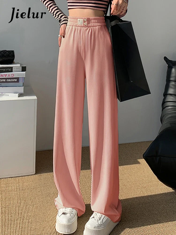 Jielur Green High Waist Female Wide Leg Pants Solid Color Double Buttons Loose Women Pants Slim Straight Full Length Chic Pants