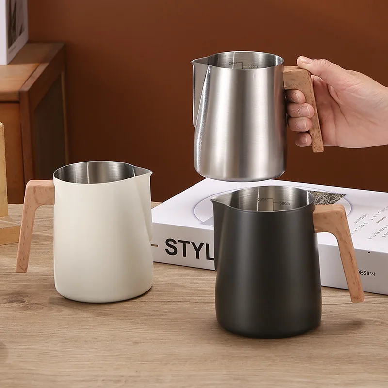 Coffee Milk Frothing Pitcher Jug 304 Stainless Steel Precision Scale Anti-scald Wood Grain Handle Professional Coffee Utensils