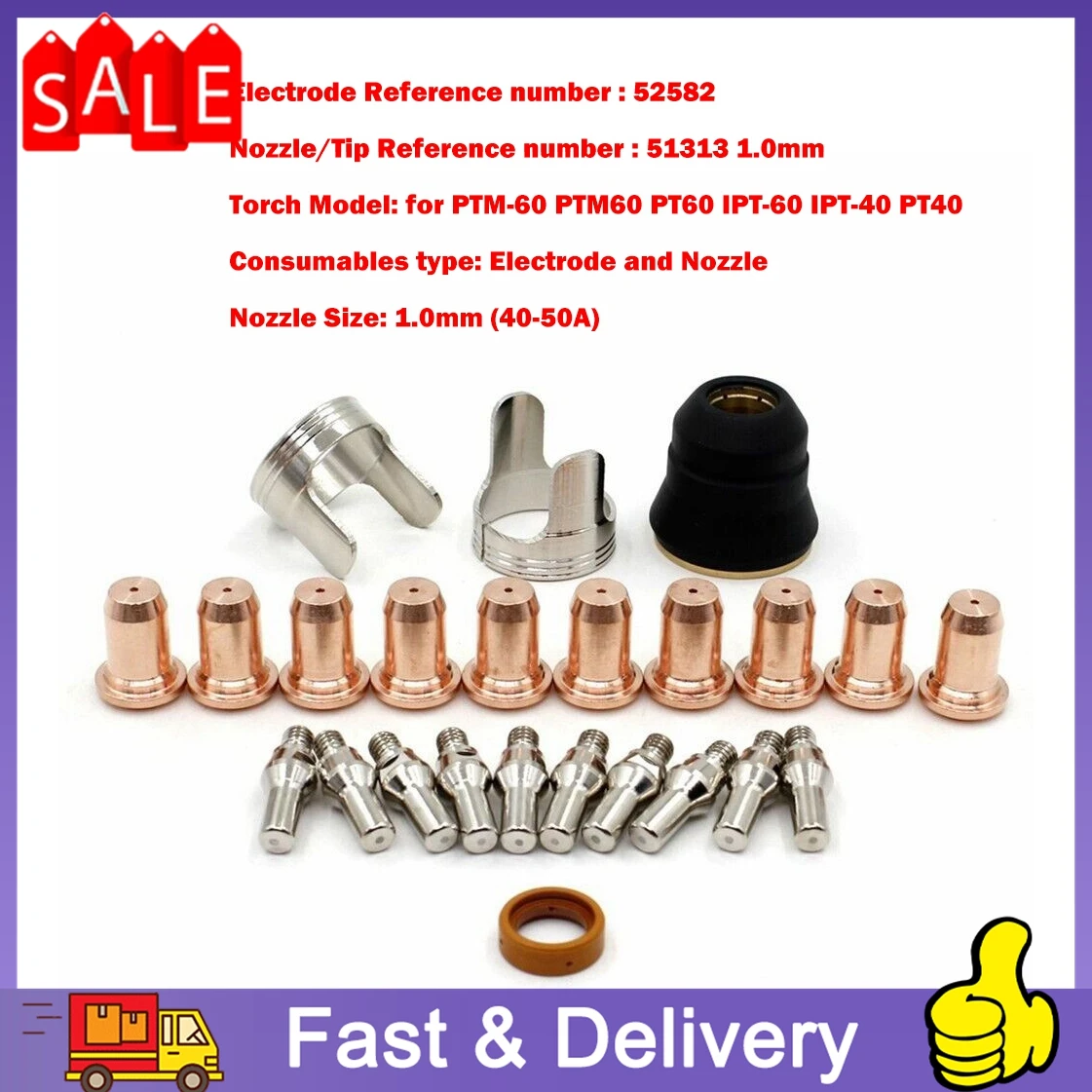 

24Pcs 52582 51313 1.0 Plasma Nozzle Electrode For IPT-60/PT60/PT40/IPT-40 Torch Plasma Cutting Shield Cap 40-50A Welding Parts