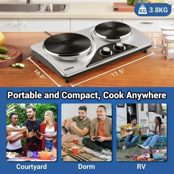 CUSIMAX Double Burners, 1800W Electric Hot Plate for Cooking Double Countertop Burner Portable Cast Iron Hot Plates 6