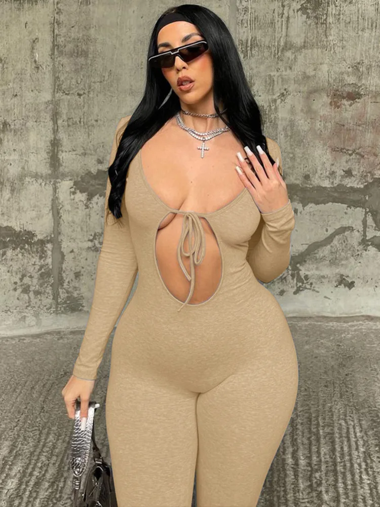 JULISSA MO Fashion New Autumn Hollow Out Lac-up Long Sleeve Streetwear Bodycon Jumpsuit Rompers Overalls One Piece Outfit