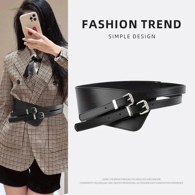 

Double Buckle Adjustable Waist Belts Irregular Wide Genuine Cow Leather Waistbands Winter Coat Dress Ladies Cowhide Ceintures