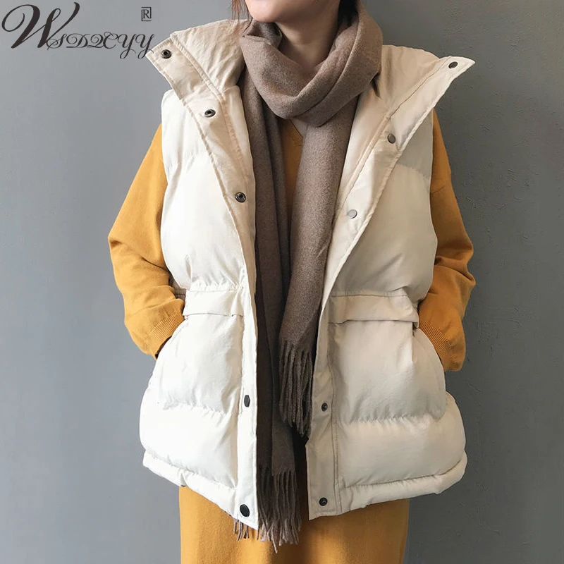 Korean Loose Cotton Down Vest Women All-Match Sleeveless Jacket Oversized  Stand Collar Padded Waistcoat Winter Vintage Outwear