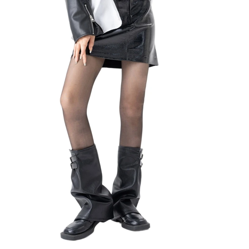Women Black Leg Warmer with Zipper Y2K Punk Eyelet Strap PU Leather Leg Cover