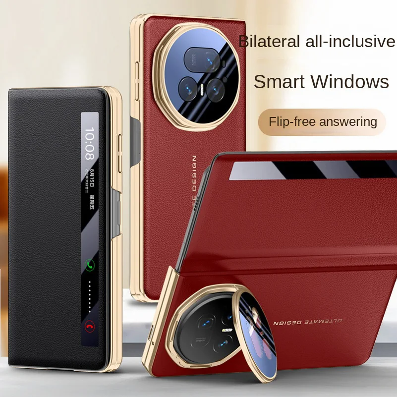 Luxury Leather Smart Window Magnetic Lens Holder Protective Case - All-Inclusive Cell Phone Back Cover