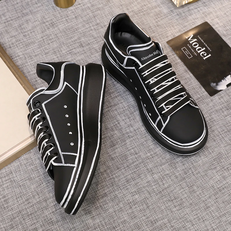 Handmade Men's Leather Sneaker Painting Design Cowhide Unisex Platform Loafers Calf Leather Women's Flat Sneakers Large Lace