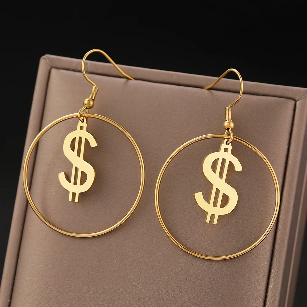 Stainless Steel Earrings Geometric Circle Dollar Sign Fashion Pendant Earrings for Women Jewelry Temperament Girls Daily Wear drop earrings dangle earrings pendant earrings geometric earrings