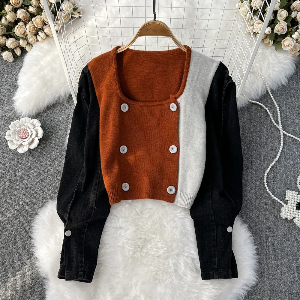 

Autumn and Winter Retro Temperament Contrasting Color Square Collar Stitching Denim Long-sleeved Double-breasted Short Striped K