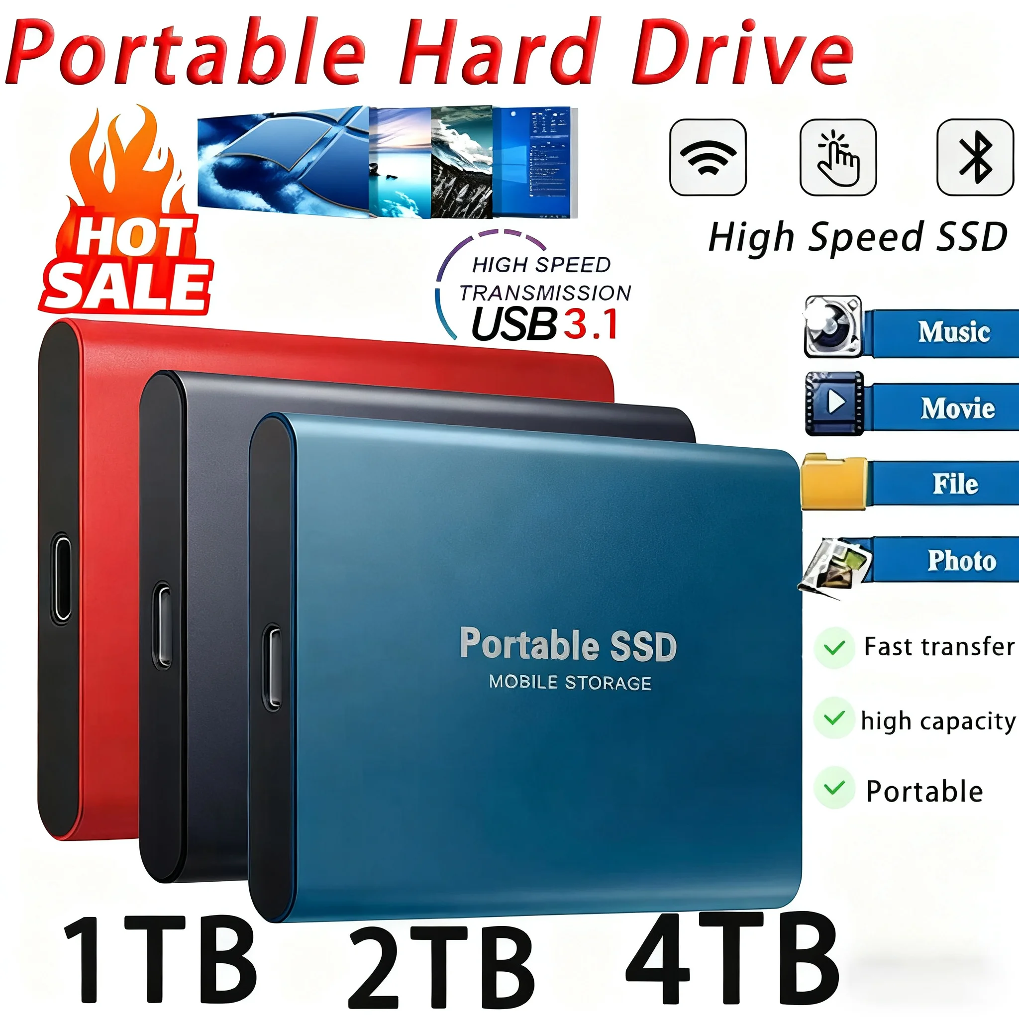 ใหม่ 2TB 4TB แบบพกพา SSD ความเร็วสูงการถ่ายโอนข้อมูลโซลิดสเตตดิสก์ USB3.2 Type-C ฮาร์ดไดรฟ์ภายนอกจัดเก็บข้อมูลสำหรับพีซีโน้ตบุ๊ก 1