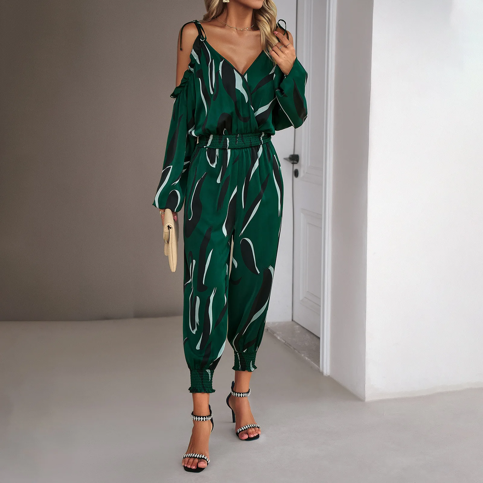 Autumn Women Casual Long Sleeve V-Neck Jumpsuits Ladies Sexy Bodysuit Fashion Looseelastic Waist Long Pants Women's Pants