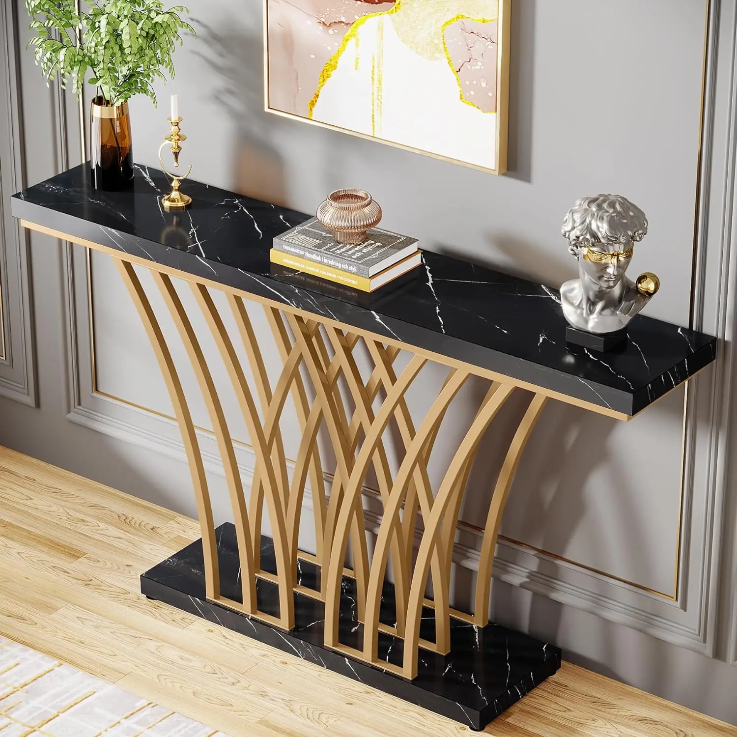 59 inch Console Table with Grid-Shaped Metal Base for Entrance Hallway Living Room