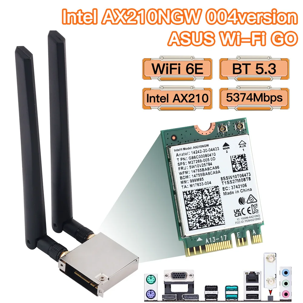 Intel AX210 ASUS WiFi Go Network Adapter WiFi 6E Wireless Bluetooth 5.3 5374Mbps WiFi Card For Asus B550 X570 High Gain Antenna